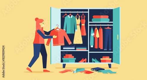 Woman organizing a colorful, modern wardrobe with neatly folded clothes and hanging garments.