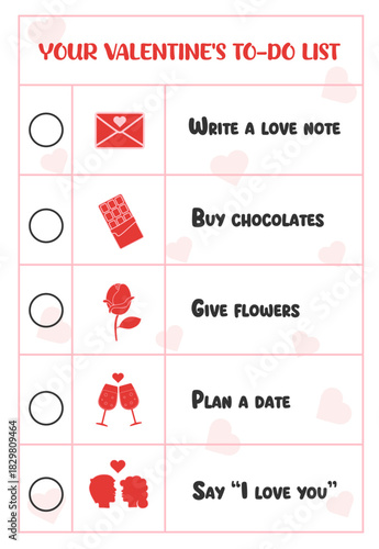 Valentine's day checklist with love notes, chocolates, flowers, and romantic plans.