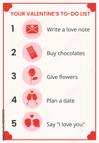 Valentine's to-do list with romantic ideas: love note, chocolates, flowers, date, express love. Valentine's day checklist 