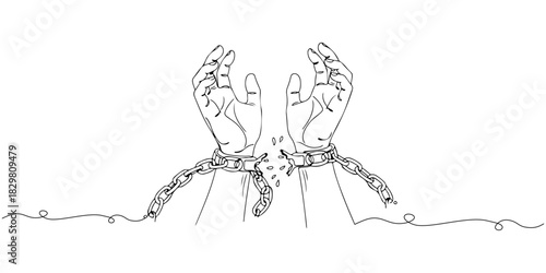 Continuous one line of a hand breaking free from chains, symbolizing freedom from oppression, human rights theme, draw vector illustration.