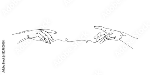 Continuous one line of a two hands reaching toward each other symbolizing equality and unity, human rights theme, draw vector illustration.
