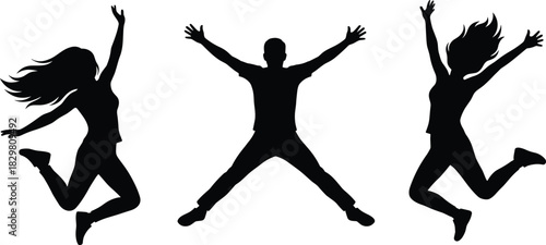 Jumping silhouettes, joyful motion, expressive posture, celebration, freedom, energy, behavior, black, minimal, abstract, activity, happiness, gesture, dynamic, movement, people, fun, interaction