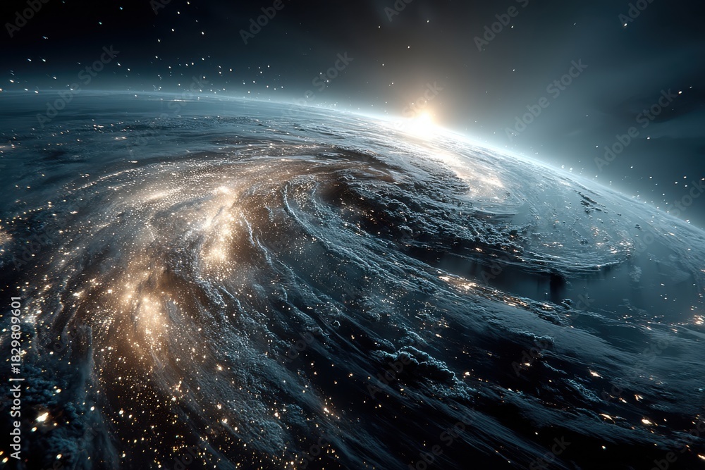 Fototapeta premium Space view of a luminous planet surrounded by glowing cosmic waves and stars