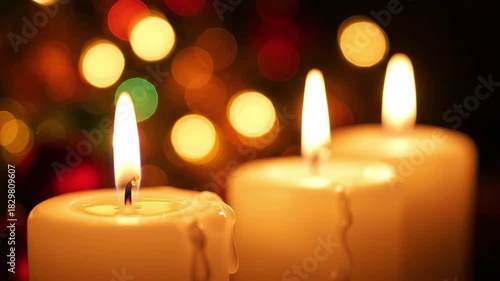 Closeup of three glowing white candles with melted wax, set against a festive bokeh background