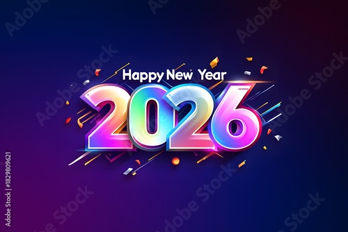 Happy New Year 2026 logo design, a modern colorful and trendy New Year graphic template. Vibrant gradient colors, bold 3D typography, clean geometric shapes, glossy highlights, and soft shadows.