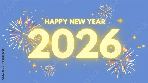 Happy New Year 2026 design, modern 2026 logo text design, elegant and festive new year celebration concept, glowing golden typography, sparkling particles, fireworks light effects, clean vector