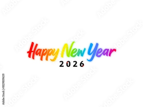 Happy New Year 2026 logo design, a modern colorful and trendy New Year graphic template. Vibrant gradient colors, bold 3D typography, clean geometric shapes, glossy highlights, and soft shadows.