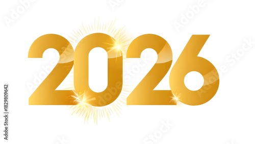 Happy New Year 2026 design, modern 2026 logo text design, elegant and festive new year celebration concept, glowing golden typography, sparkling particles, fireworks light effects, clean vector