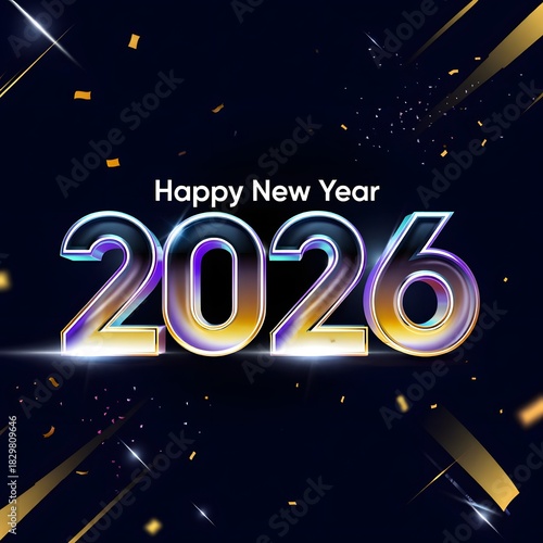 Happy New Year 2026 logo design, a modern colorful and trendy New Year graphic template. Vibrant gradient colors, bold 3D typography, clean geometric shapes, glossy highlights, and soft shadows.