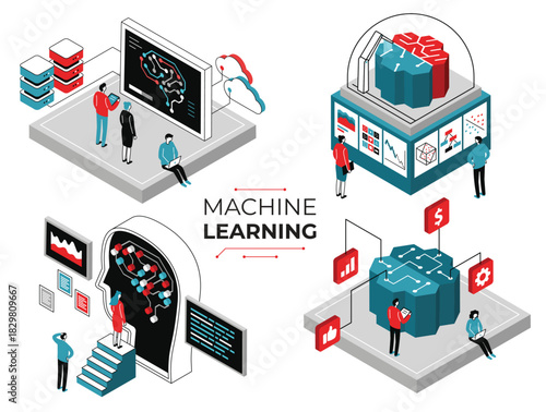 Machine learning concept. Vector illustration set in isometric style on white background. AI-Driven Production Efficiency, Robotics and Automation, AI-Analyzed