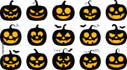 A distinct grouping of fifteen black Halloween jack o lanterns showcasing many different orange faces