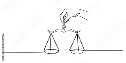 Continuous one line of a pair of scales held by a hand symbolizing fair legal protection, human rights theme, draw vector illustration.