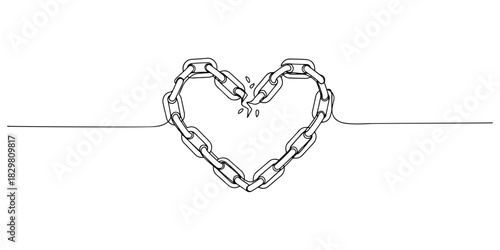 Continuous one line of a broken chain forming a heart symbolizing liberation and compassion, human rights theme, draw vector illustration.