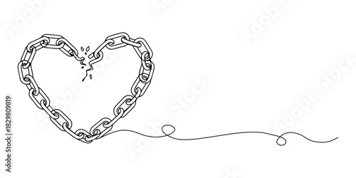 Continuous one line of a broken chain forming a heart symbolizing liberation and compassion, human rights theme, draw vector illustration.