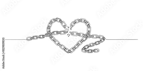 Continuous one line of a broken chain forming a heart symbolizing liberation and compassion, human rights theme, draw vector illustration.