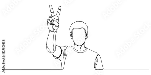 Continuous one line of a person raising a peace sign symbolizing nonviolence and rights activism, human rights theme, draw vector illustration.