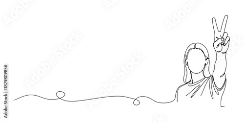 Continuous one line of a person raising a peace sign symbolizing nonviolence and rights activism, human rights theme, draw vector illustration.