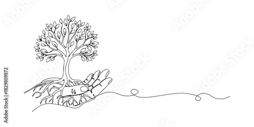 Continuous one line of a tree growing from a hand symbolizing sustainability and environmental rights, human rights theme, draw vector illustration.
