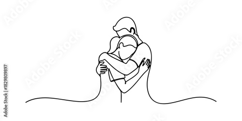 Continuous one line of a two people embracing symbolizing support and social care, human rights theme, draw vector illustration.