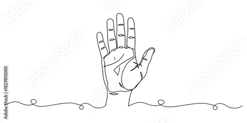 Continuous one line of a raised open palm symbolizing stop discrimination, human rights theme, draw vector illustration.