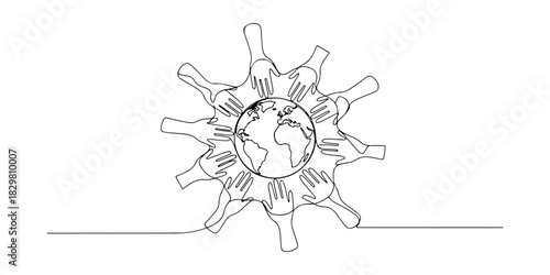 Continuous one line of a globe surrounded by diverse hands symbolizing unity and global rights, human rights theme, draw vector illustration.