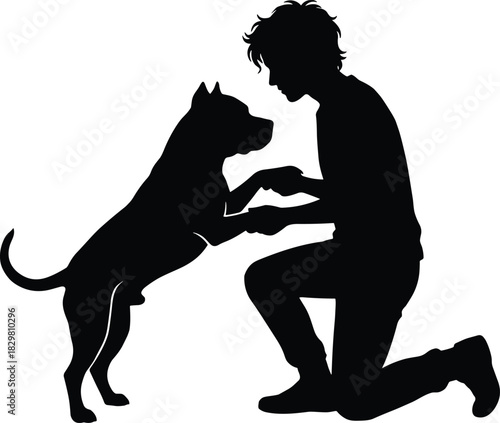 Person Kneeling and Dog Silhouette Shaking Hands, Owner and Pitbull or Staffy Puppy Interaction, Black Vector Graphic Representing Friendship, Pet Love, and Animal Training.