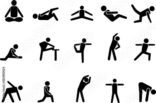 Sport people icons gym lifting warmup stretch symbols fitness poses pictograms sports exercises athl.