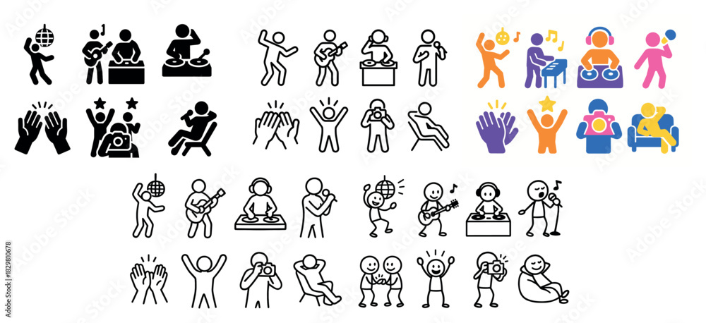 Naklejka premium Stick figure icons: music, dance, celebration