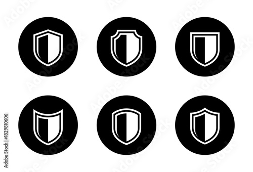 Shield outline icon set in black circle. Defense, guard, security protection symbol