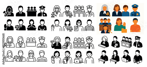 Diverse courtroom icons and illustrations collection