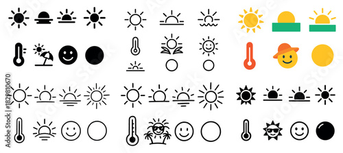 Collection of sun icons and thermometer symbols