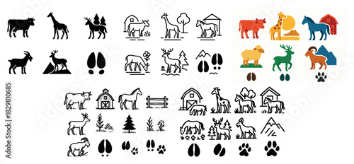 Farm and wildlife animal icons and silhouettes
