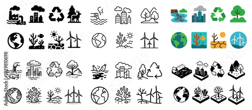 Environmental icons: recycling, nature, industry