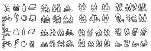 Line art family icons set with activities and relationships