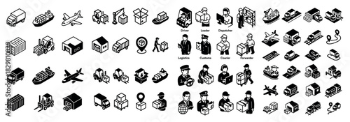 Logistics and delivery icons set in black and white