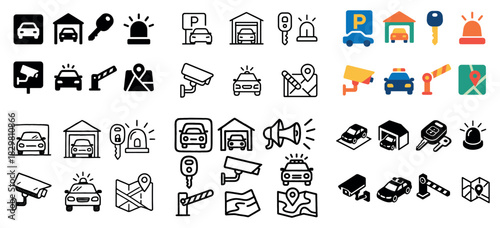 Car parking icons set with surveillance and security