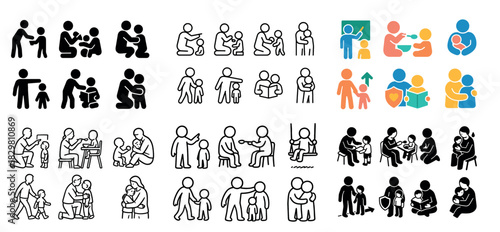 Diverse parenting icons depicting family interactions