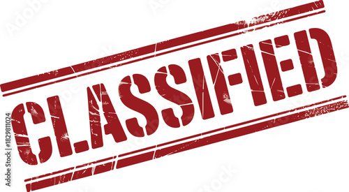 A distressed red rubber stamp with the word CLASSIFIED diagonally across a crisp white surface
