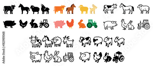 Farm animal icon set with various styles