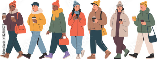 A diverse group of men and women walking outdoors wearing various colorful winter outfits