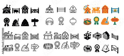 Farm and fair icon collection: tents, barns, fences