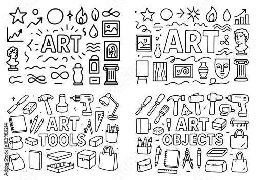 Artistic tools and objects doodle collection