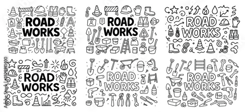 Road works tools and safety equipment illustrations