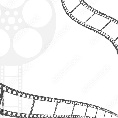 Minimalist movie cinema frame template with film reel and filmstrip silhouettes. Vector illustration