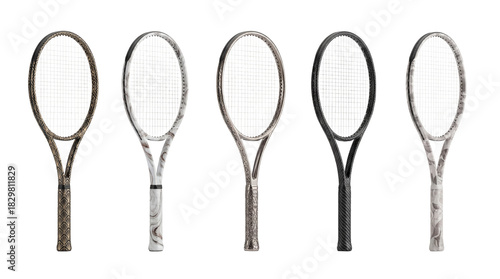 Five Tennis Rackets with Different Patterns on Transparent Background

