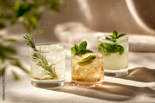 botanical mocktail bar, botanical mocktail bar with sophisticated glassware and premium style exuding a soft daytime ambiance