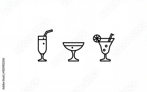 Alcoholic cocktails icons set. Simple outline cocktails icons isolated on white background. Set includes beer, mojito, whiskey. Icons set for restaurant, pub, bar. Vector illustration. High quality