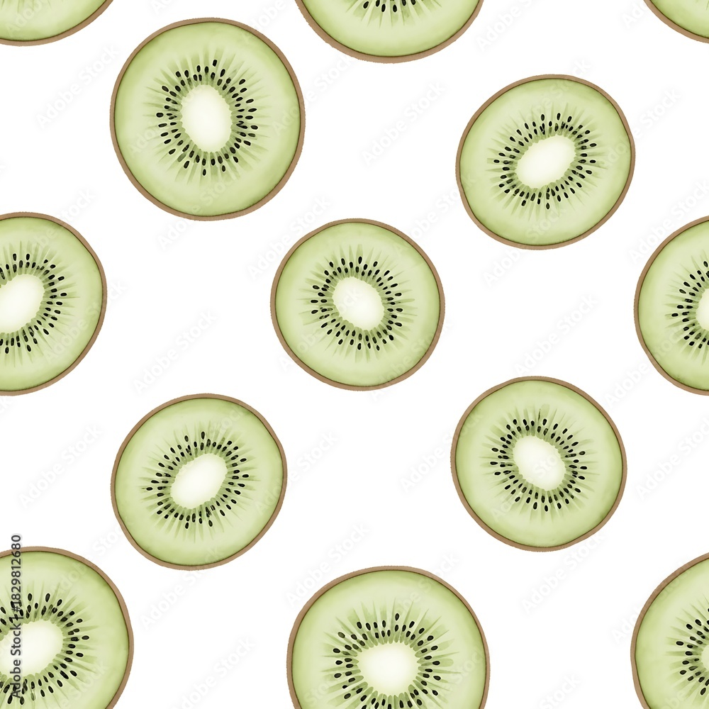 Fototapeta premium Seamless Pattern of Kiwi Slices on White Background Perfect for Healthy Eating and Summer Theme Design