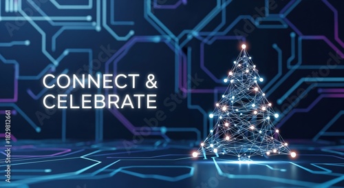 CONNECT & CELEBRATE Digital Christmas Tree on Circuit Board Background for Technology Holiday Celebration
