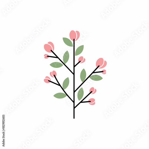 Minimalist Flower Branch Illustration with Pink Blossoms and Green Leaves